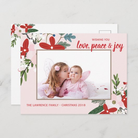 フローラレッド赤面ピンククリスマスホリデーフォトカード シーズンポストカード (正面/裏面)
