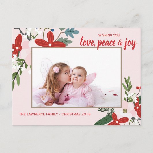 フローラレッド赤面ピンククリスマスホリデーフォトカード シーズンポストカード (正面)