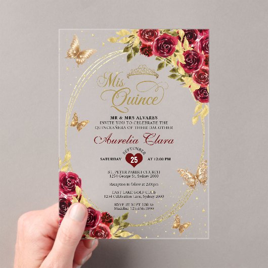 フローラレッド金ゴールドティアラバタフライミキンセアニラ アクリル招待状 (インサイチュ (ポータブル))