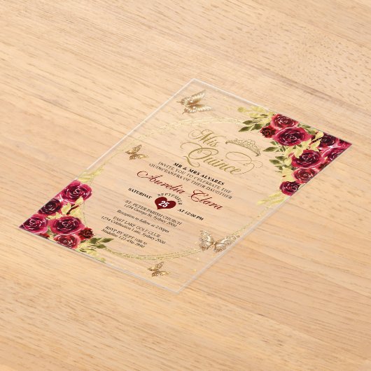 フローラレッド金ゴールドティアラバタフライミキンセアニラ アクリル招待状 (レイダウン)