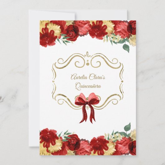 フローラレッド金ゴールドプリンセスXVキンセアニラ誕生日 招待状 (裏面)