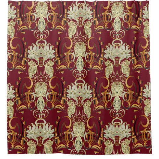 フローラレッド金ゴールド、豪華なヴィンテージパターン。 シャワーカーテン (正面)