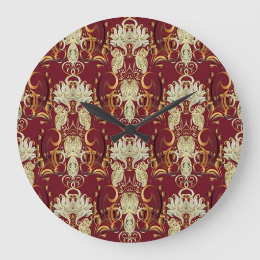 フローラレッド金ゴールド、豪華なヴィンテージパターン。 ラージ壁時計 (正面)