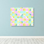 フローラレトロ70sパステルチェッカーボードピンクティール(緑がかった色) キャンバスプリント (インサイチュ (ウッドフロア))