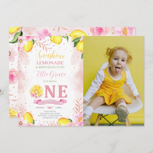 フローラレモネード1歳の誕生日の写真 招待状 (正面/裏面)