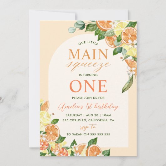 フローラレモンオレンジ私たちのメイン絞り1st誕生日 招待状 (正面)