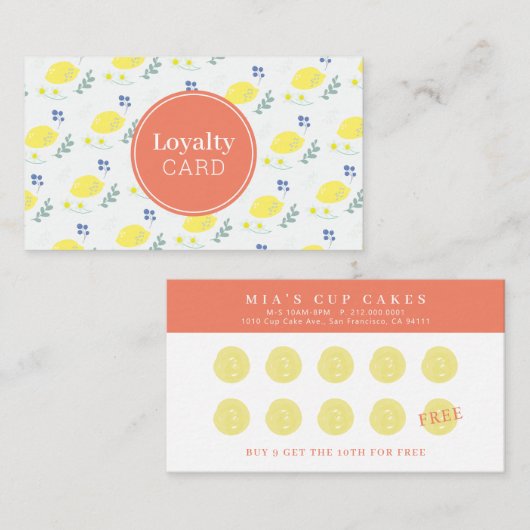 フローラレモン柄かわいい黄色のロイヤリティカード 名刺 (正面/裏面)