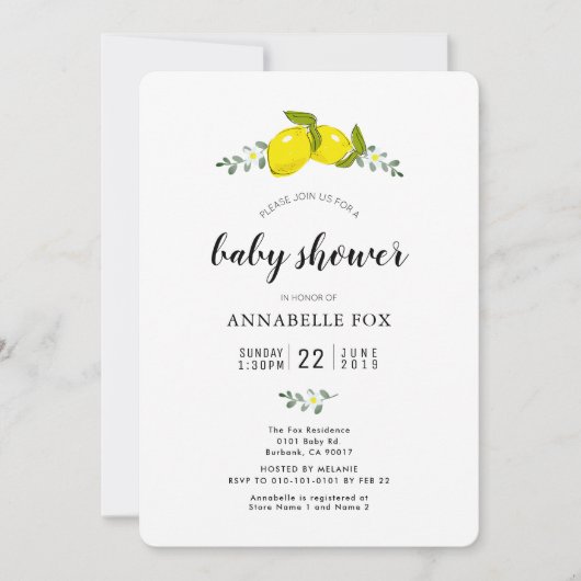 フローラレモン柑橘系エレガントベビーシャワー 招待状 (正面)