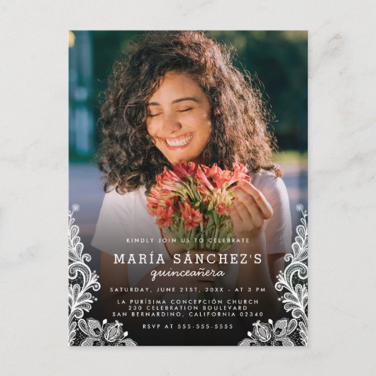 フローラレースキンセニェラ誕生日パーティーフォト インビテーションポストカード (正面)