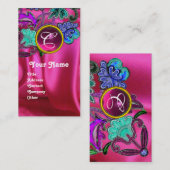 フローラレースピンク明るい赤紫色シルククロス、ジェムモノグラム 名刺 (正面/裏面)