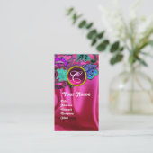 フローラレースピンク明るい赤紫色シルククロス、ジェムモノグラム 名刺 (スタンド正面)