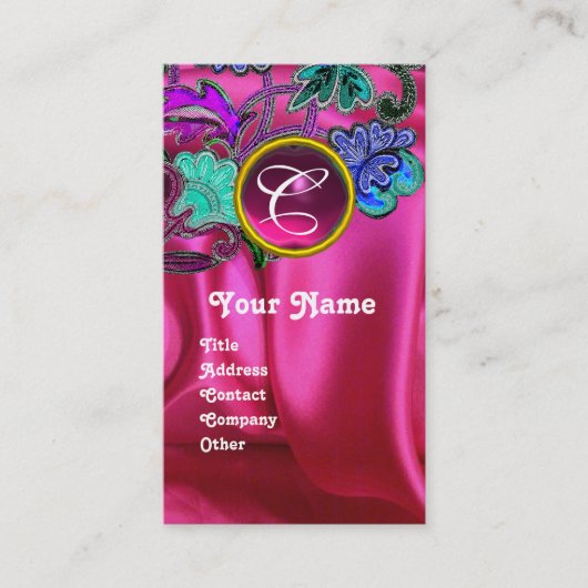 フローラレースピンク明るい赤紫色シルククロス、ジェムモノグラム 名刺 (正面)