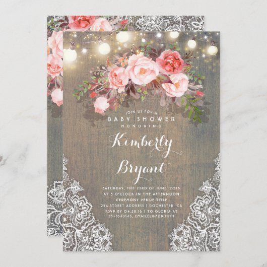 フローラレース素朴ライトウッドベビーシャワー 招待状 (正面/裏面)