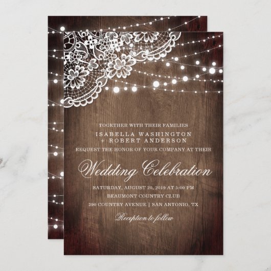 フローラレース&ライトウッ素朴ドの結婚ひも 招待状 (正面/裏面)