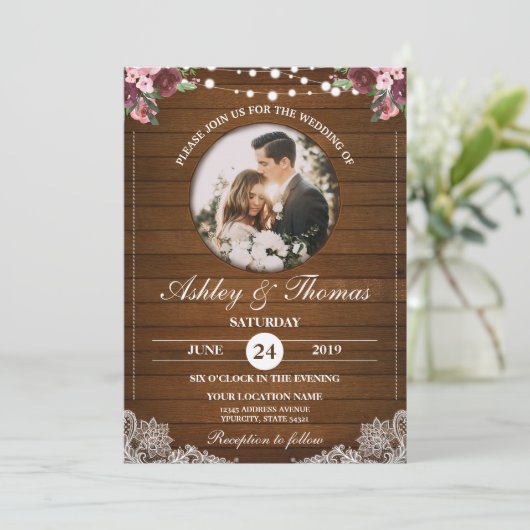 フローラレ素朴ースの木の結婚写真をパーソナライズ 招待状 (スタンド正面)