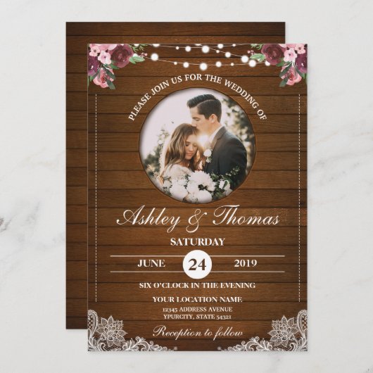 フローラレ素朴ースの木の結婚写真をパーソナライズ 招待状 (正面/裏面)