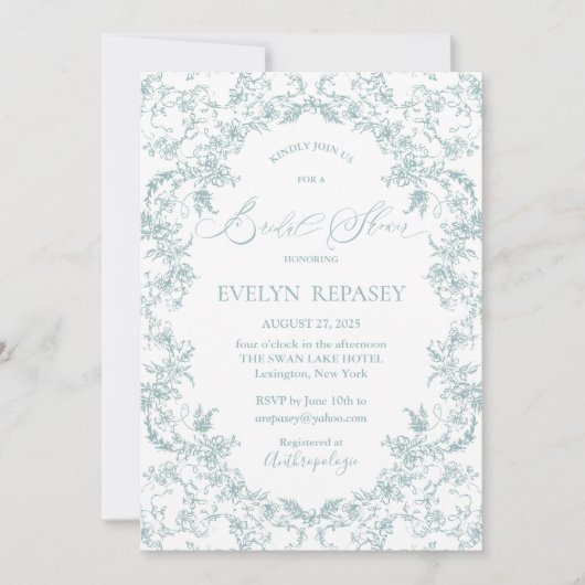 フローラロマンスチノイスリーブルーブライダルシャワー 招待状 (正面)