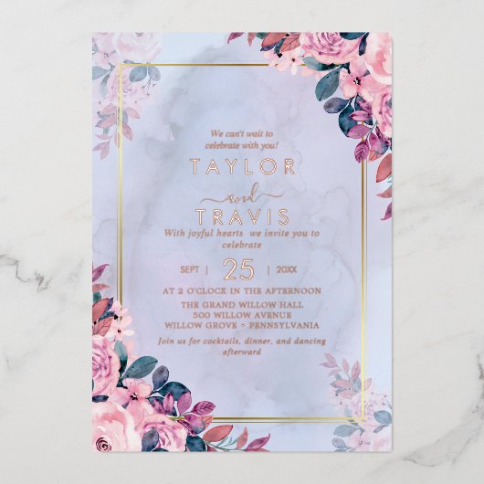 フローラロマンスバラゴールドフォイルオールインワン結婚ズ 箔招待状 (正面)