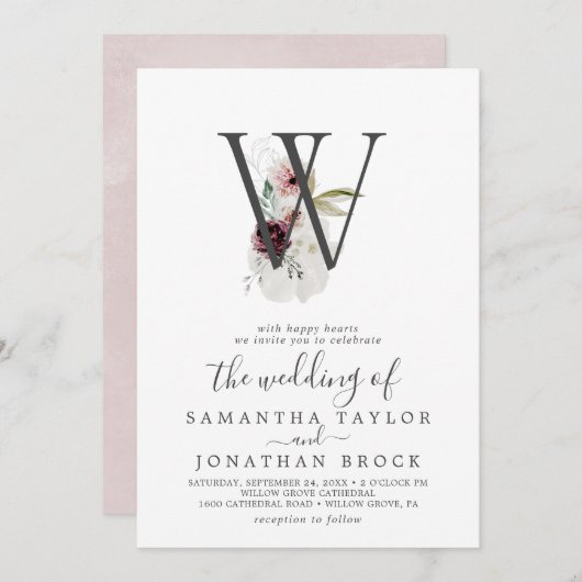 フローラロマンスレターW赤面モノグラム結婚ズ 招待状 (正面/裏面)