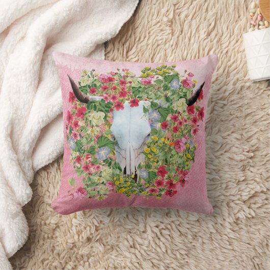 フローラロングホーンスカル（水色の背景） クッション (ブランケット)