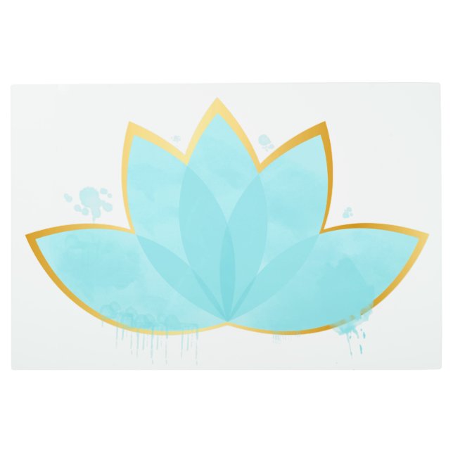 フローラロータスウォーターカラーシーフオムブルー&フェイク金ゴールド メタルプリント (正面)