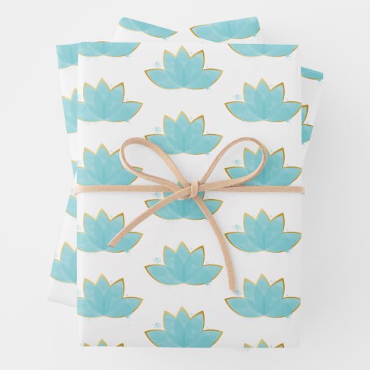 フローラロータスウォーターカラーシーフオムブルー&フェイク金ゴールド ラッピングペーパーシート (インサイチュ)