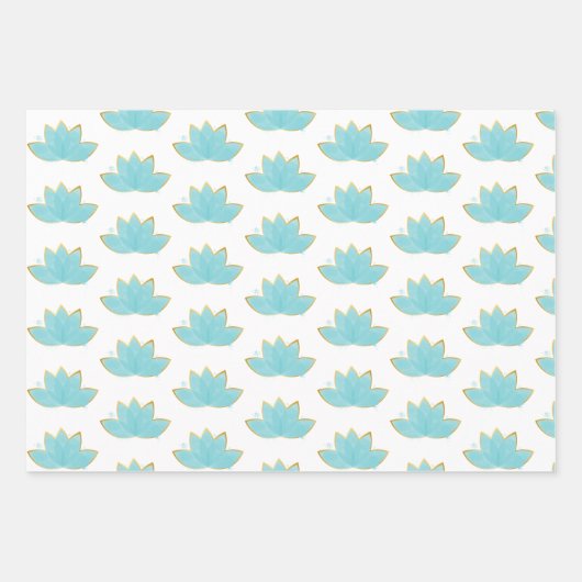 フローラロータスウォーターカラーシーフオムブルー&フェイク金ゴールド ラッピングペーパーシート (正面)