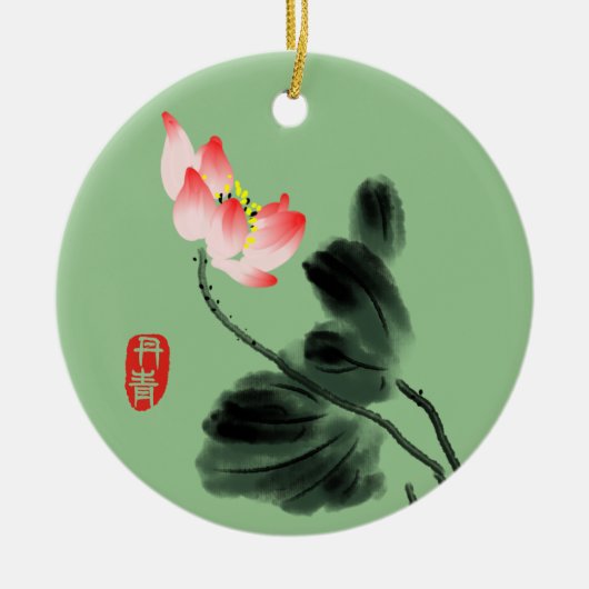 フローラロータスウォーターカラーフリーハンドスケッチグリーン セラミックオーナメント (正面)