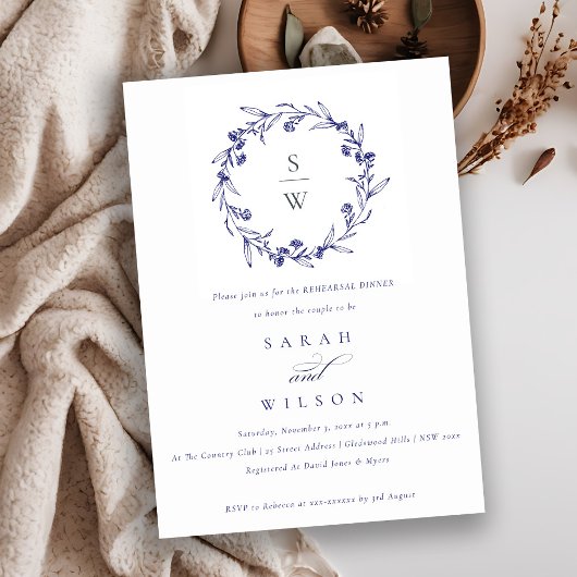 フローラローレルリースネイビーブルーリハーサルディナー 招待状