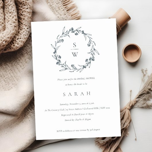 フローラローレルリースモノグラムブライダルシャワー招待状 サンキューカード