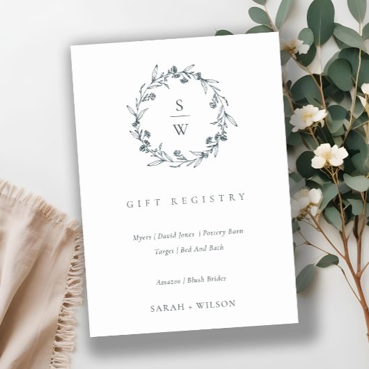 フローラローレルリースモノグラム結婚のギフトレジストリ エンクロージャーカード