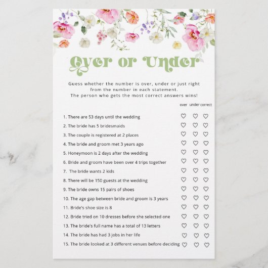フローラワイルドフラワーの上または下のブライダルシャワーゲーム (正面)