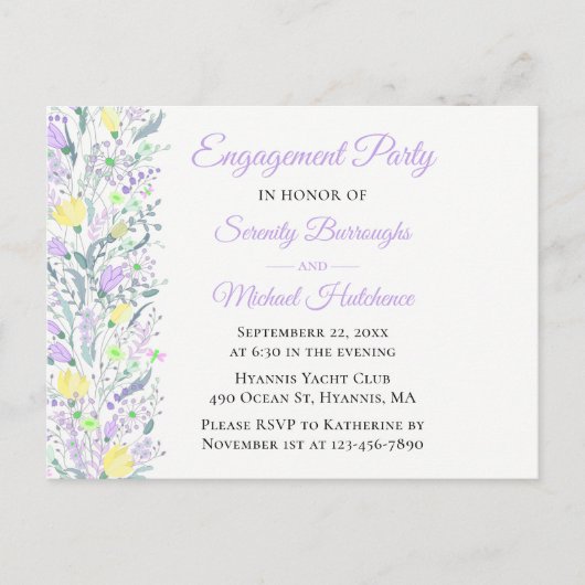 フローラワイルドフラワーイエローパープルフラワーズ婚約 インビテーションポストカード (正面)
