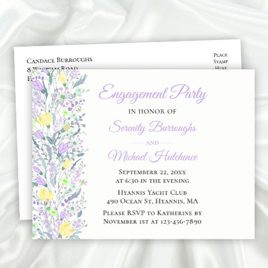 フローラワイルドフラワーイエローパープルフラワーズ婚約 インビテーションポストカード