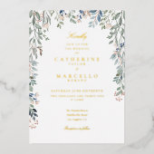 フローラワイルドフラワーフォト結婚ズシック金ゴールド 箔招待状 (正面)