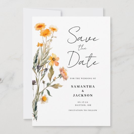 フローラワイルドフラワーフラット日付カードを保存 セーブザデート (正面)