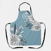 フローラワイルドフラワーボタニカルモノグラムブルーホワイト エプロン (正面)