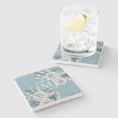 フローラワイルドフラワーボタニカルモノグラムブルーホワイト ストーンコースター (横)