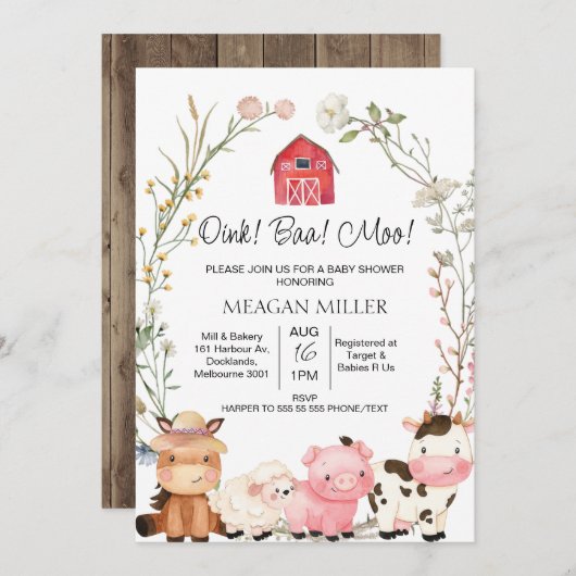 フローラワイルドフラワーリース農場動物ベビースシャワー 招待状 (正面/裏面)