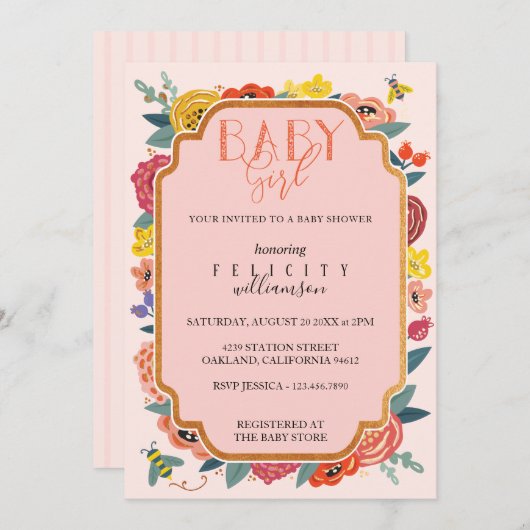 フローラワイルドフラワー&ハニービーベビーガールシャワー 招待状 (正面/裏面)
