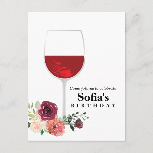 フローラワイングラス誕生日はがき招待状 インビテーションポストカード (正面)