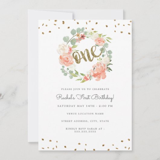 フローラワンリース金ゴールドピーチファースト誕生日 招待状 (正面)