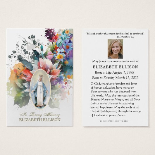 フローラヴァージンメアリーファティマ葬儀祈りの言葉カード (正面&裏面)