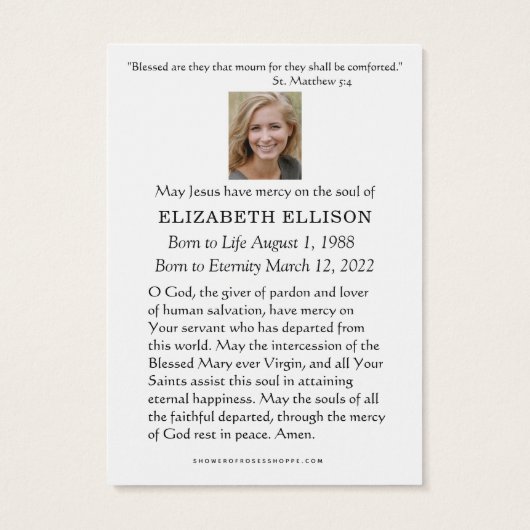 フローラヴァージンメアリーファティマ葬儀祈りの言葉カード (裏面)