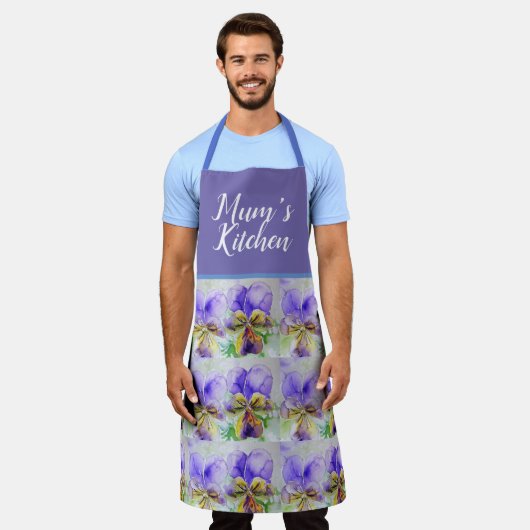 フローラヴィオラヴァイオラズウォーターカラーアートメンズキッチン エプロン (着用した状態)