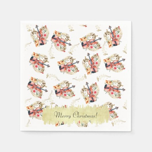 フローラヴィオリンズ金ゴールドミュージックノートクリスマスホリデー スタンダードカクテルナプキン (正面)