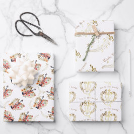 フローラヴィオリンズ金ゴールドミュージックノートクリスマスホリデー ラッピングペーパーシート