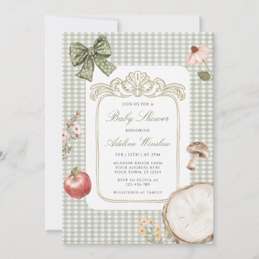 フローラヴィンテージお洒落セージ赤ちゃんシャワー 招待状 (正面)