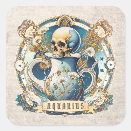 フローラヴィンテージエレガントアクエリアス〔占星術の〕十二宮図標識スカル スクエアシール (正面)
