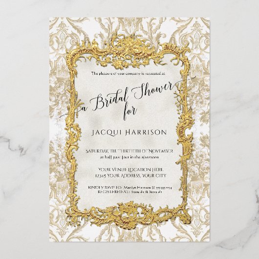 フローラヴィンテージエレガントトープn金ゴールドブライダルシャワー 箔招待状 (正面)